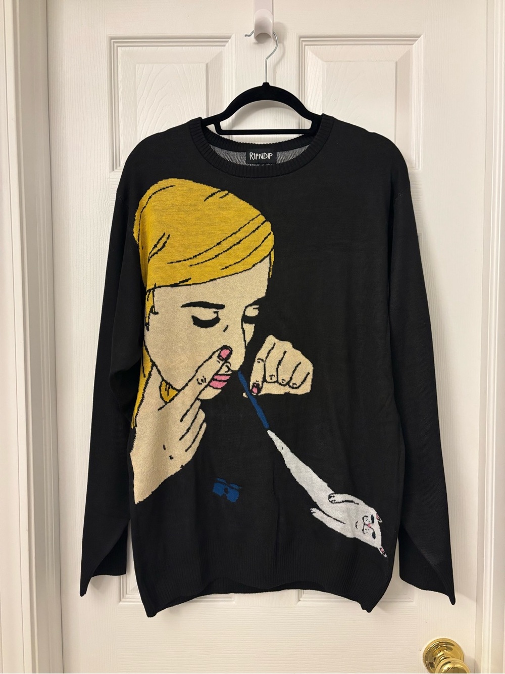 Ripndip Black Crewneck Sweater with Yellow, Cream, Blue and Pink Graphic